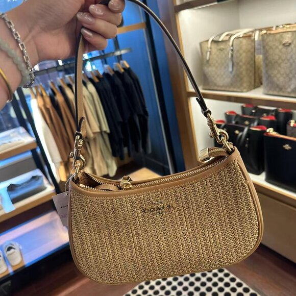 COACH Teri 2way Shoulder Bag Crossbody Straw/Leather Latte CR350 - Picture 1 of 2